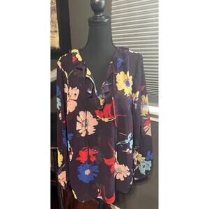Cabi Floral Juliet Blouse Sheer Tie Neck Ruffle Blouse SIze L